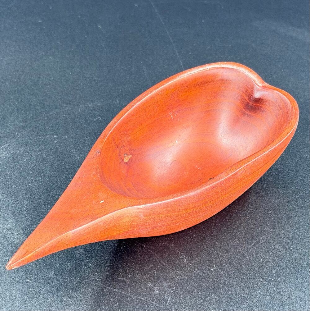 Hand Carved Wooden Bowl Dish Small Exotic Wood MCM Heart Handle Trinket Candy